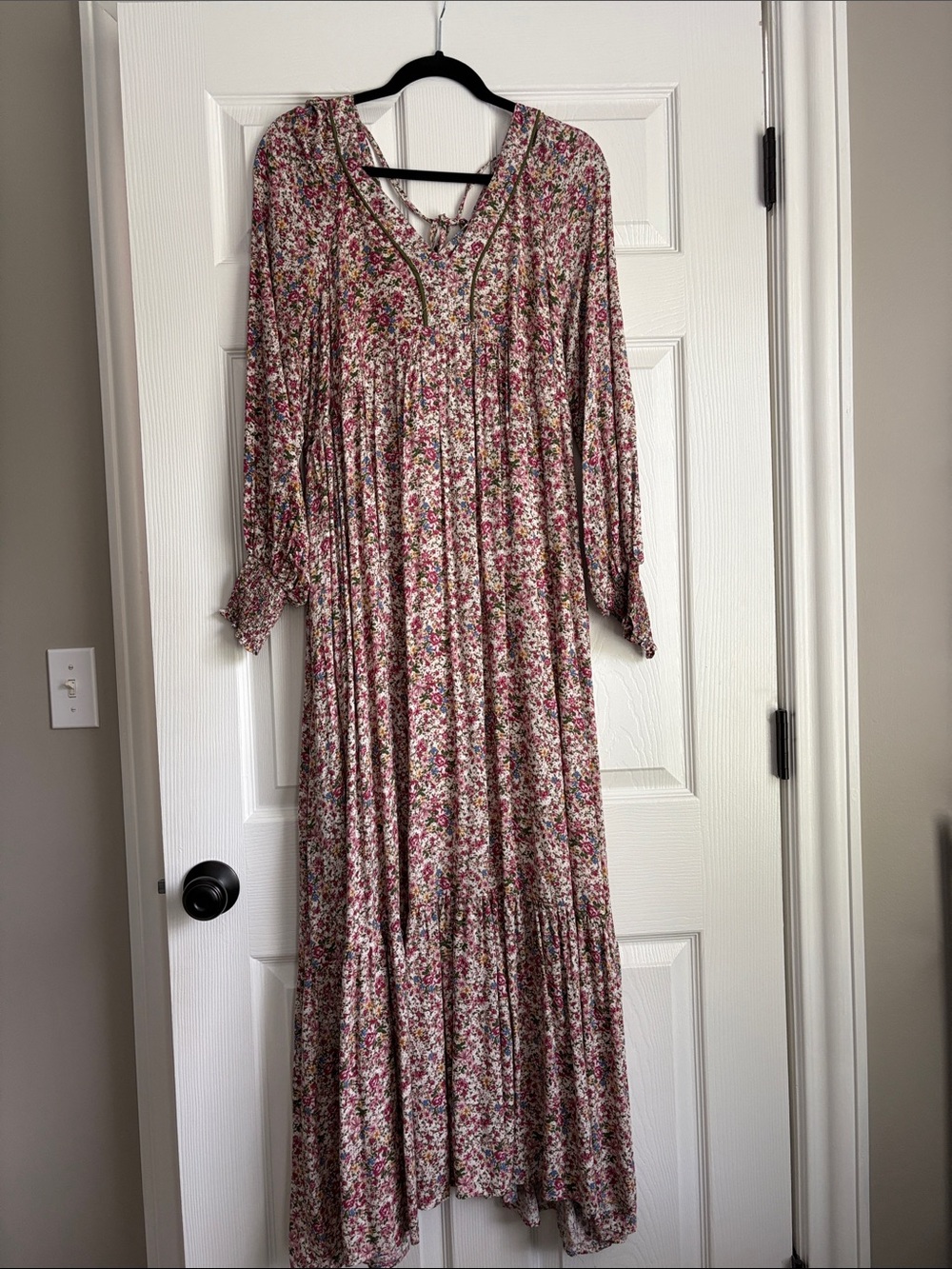 Tiered Floral Maxi Dress with V-Neck Tie in Pink